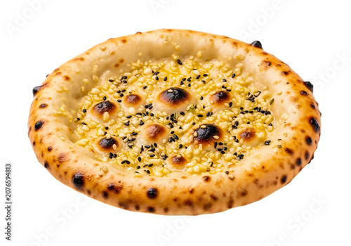 pizza round baked flatbread topped melting cheese fresh green herbs