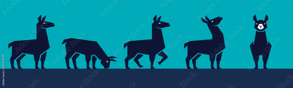 Fototapeta premium Illustration of a row of llama silhouettes in different poses against a blue background, showcasing various actions and expressions of the animal.