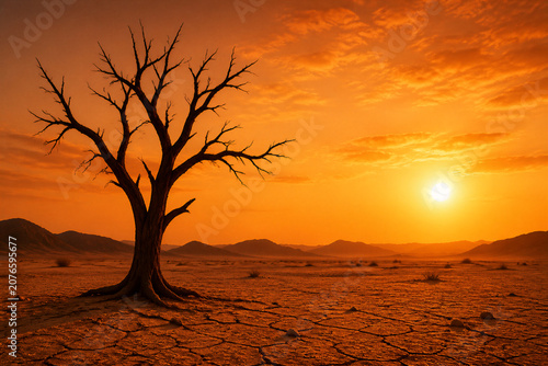 Leafless tree standing under hot sun in dry desert