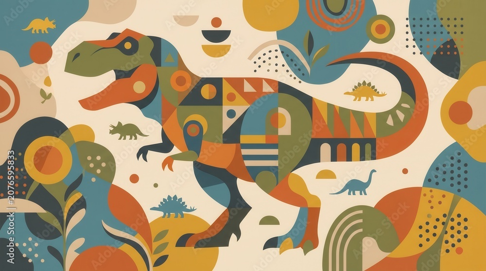 Obraz premium A large T-Rex stands among smaller dinosaurs in a vibrant, geometric, abstract landscape