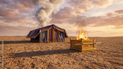 A richly decorated tabernacle and golden altar with sacrificial fire in the desert under a dramatic sunset sky