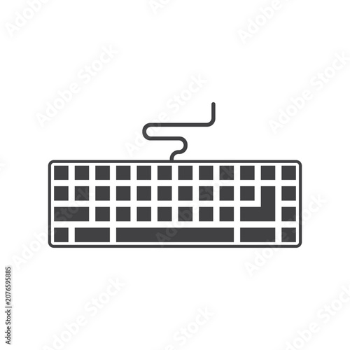 Minimalist flat vector icon of a dark grey wired computer keyboard with a curved USB cable, isolated on a clean white background.