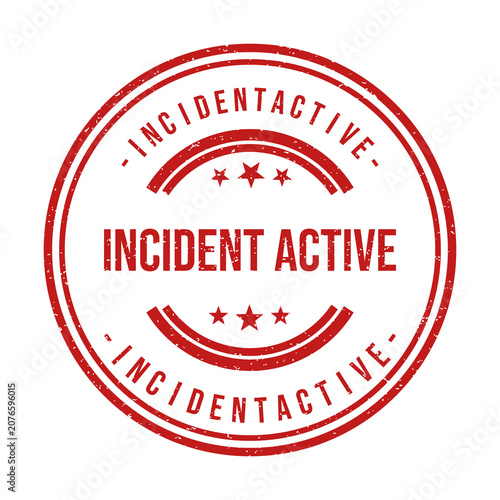 Red round rubber stamp with the text incident active and stars inside