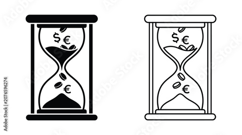 Hourglass icon set with falling dollars and euros isolated on white background