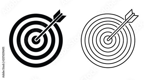 Target with arrow hitting bullseye solid and outline icons on white background
