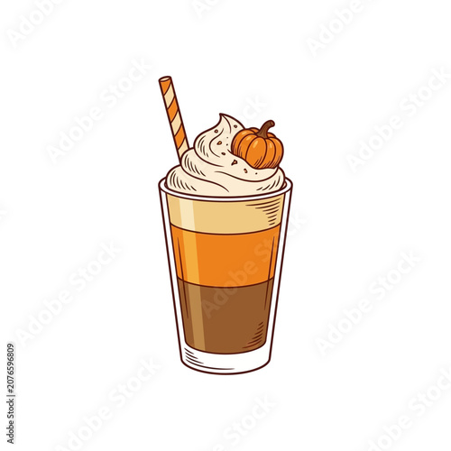 Hand drawn illustration of a pumpkin spice latte drink in a glass with whipped cream.