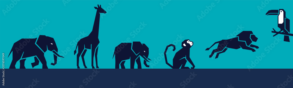Obraz premium Silhouettes of various African animals including elephants, giraffe, monkey, lion, and toucan against a blue background, representing wildlife and nature.