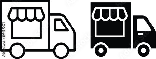 Mobile food truck icon collection, storefront delivery vehicle outline silhouette vector illustration isolated business design set