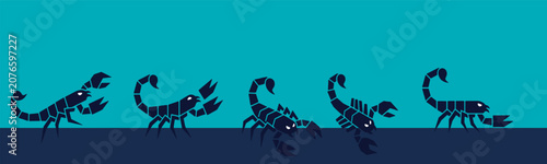 Quadro su tela Cartoon Scorpions Walking in a Row on a Blue Background.
