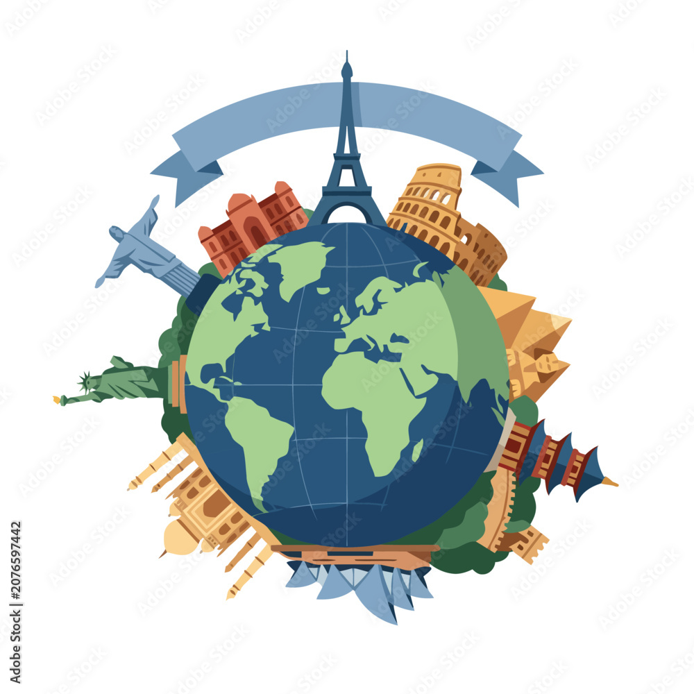 Naklejka premium Global Landmarks Around Earth: Travel Around the World Globe Illustration