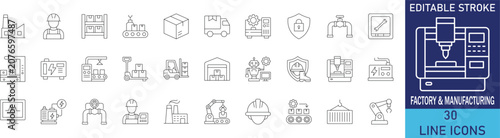 Industrial factory and automation manufacturing line icon set. Vector symbols for production conveyor belt, heavy machinery plant, assembly line engineering, and warehouse logistics.