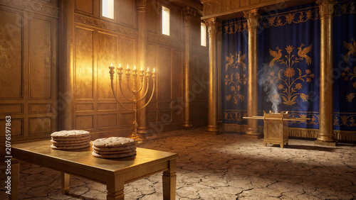 Detailed view of a sacred ancient holy place interior featuring a golden menorah, showbread, and altar of incense