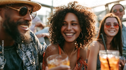 Happy diverse friends laughing at a summer rooftop party, symbolizing genuine human connection, youth culture, urban lifestyle, and vibrant weekend vibe.