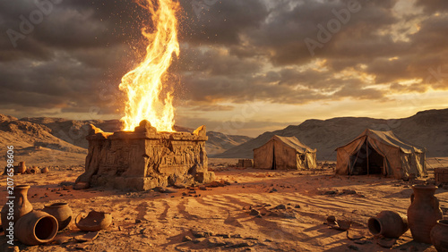 Vivid desert scene with an ancient altar, sacred fire, and nomadic tents. Evokes biblical, spiritual, and historical themes