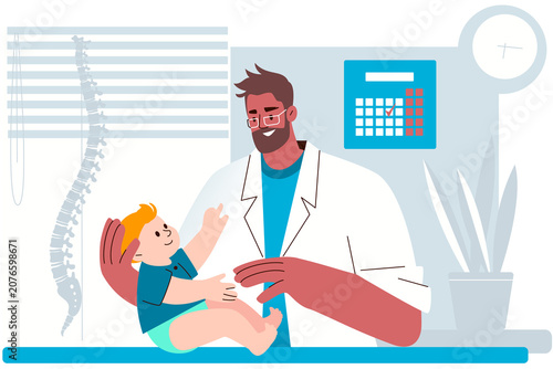 Obraz na plátně Pediatric orthopedic consultation with infant, doctor checking posture, joints, reflexes and musculoskeletal development during medical examination