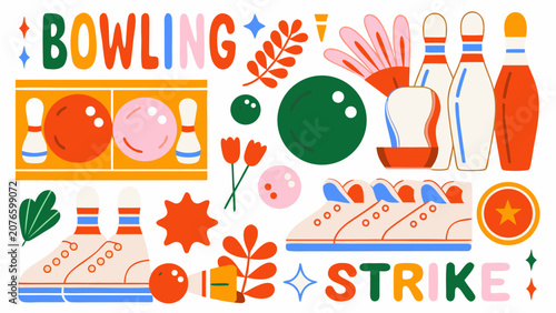 Foto Bowling themed vector illustration with pins balls shoes and decorative floral e