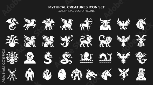 A collection of 30 minimal vector icons featuring various mythical creatures on a black background for design use.