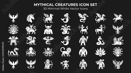 A collection of 30 minimal white vector icons depicting various mythical creatures on a black background for design purposes.