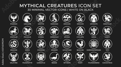 Mythical creatures icon set features 30 minimal vector icons on a white background.