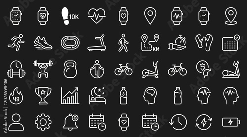 Fitness icons showcase various exercise and health related symbols on a black background for illustration purposes.