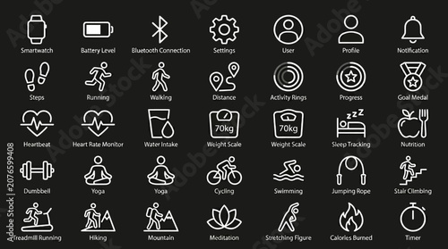 Fitness icons display various activities and metrics on a smartwatch screen in a modern setting.