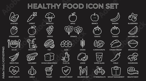 A vibrant illustration set showcasing various healthy food icons on a black background for nutrition and wellness.