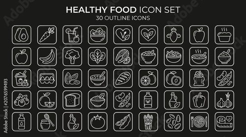 A set of outline icons depicting various healthy food items arranged in a grid on a black background for nutrition and wellness concepts.