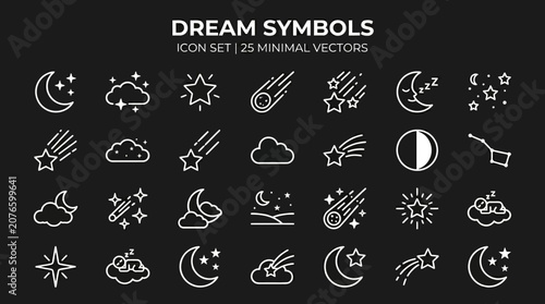 A collection of dream symbols icon set featuring minimal vector illustrations of celestial bodies and weather elements.