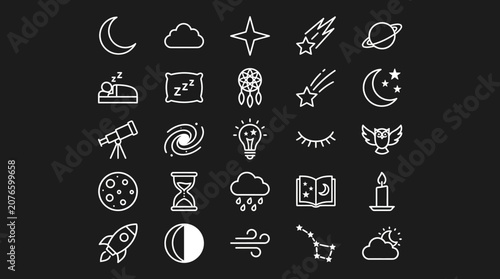 Illustrations of various celestial and dream icons including moon, stars, clouds, planets, and sleep symbols on a black background.