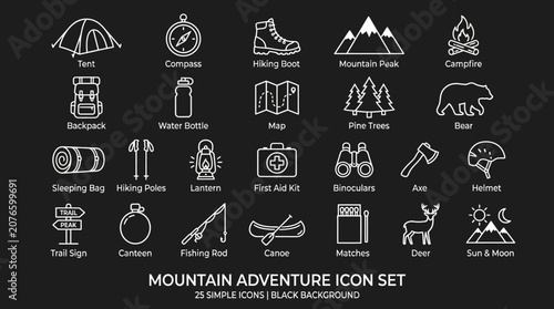 A mountain adventure icon set depicting various outdoor activities and objects on a black background with white icons.