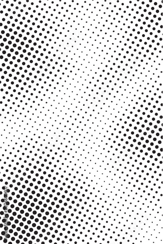 Dynamic diagonal black and white halftone dots pattern background for modern retro design.