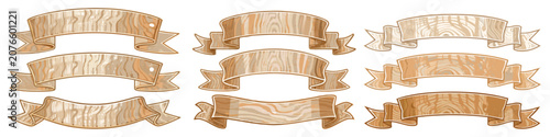 A premium collection of arched vintage scroll banners stylized with highly detailed natural wood grain patterns and warm rustic textures.