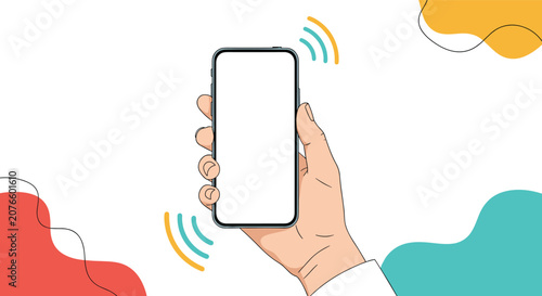 Hand holding a smartphone with a blank white screen and signal waves indicating wireless connectivity or calling.