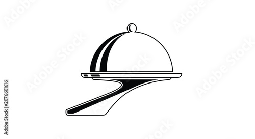 Black and white graphic icon of a restaurant serving cloche on a stylish platter representing dining and service.