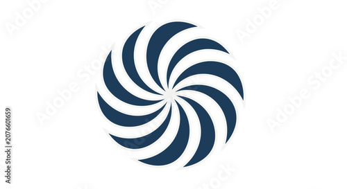 Bold dark blue spiral pattern creates a dynamic sense of motion similar to a pinwheel or a mechanical turbine design.