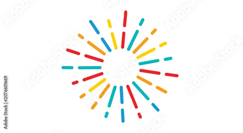 Vibrant sunburst graphic consists of colorful dashed lines in red, yellow, and blue radiating from a central white space.