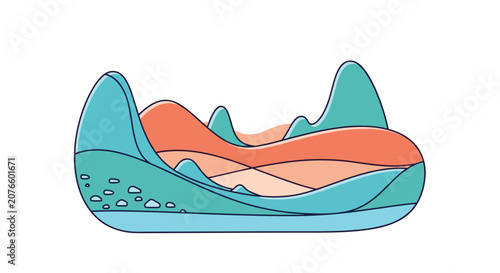 Contemporary landscape illustration features layered rolling hills in vibrant teal and orange tones with a flat design.