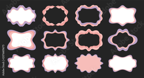 Collection of twelve unique organic frames in soft pink and purple shades are displayed on a dark grey background.