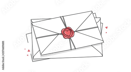 Small stack of white paper envelopes is topped with a letter sealed by a red wax heart for a romantic message.