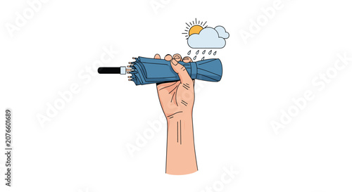 Hand firmly grips a folded blue umbrella with a small sun and rain cloud icon floating above it to signify weather.