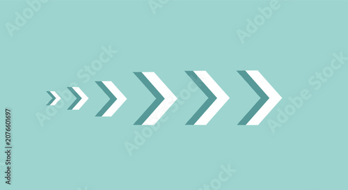 Sequence of white arrowheads of increasing sizes point towards the right on a calm teal background to show progress.