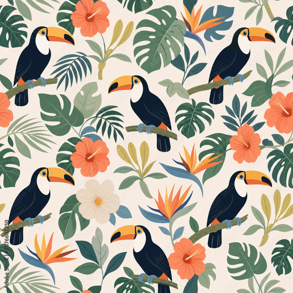 Fototapeta premium Seamless Toucan Tropical Pattern with Exotic Flowers and Jungle Foliage - Vibrant repeating design featuring colorful toucans, tropical blooms and lush botanical elements for nature-inspired creations