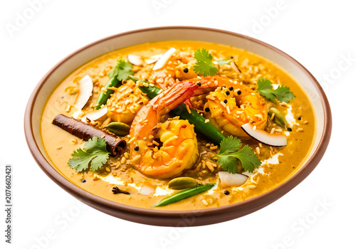 prawn spicy seafood curry dish cooked herbs creamy yellow sauce