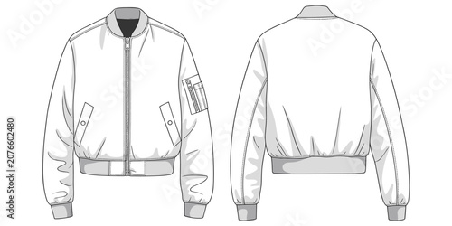Bomber jacket technical sketch, front and back fashion drawing, apparel design outline, garment construction template, stylish clothing vector, flat vector illustration