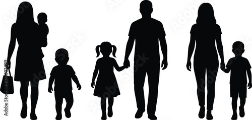 Tableau sur toile Family silhouette collection silhouette family of five holding hands in a row, b