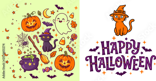 Fotografía Halloween festive illustration with pumpkins cats and candy