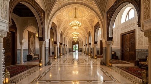 Luxurious Moroccan Hallway with Intricate Architecture and Chandeliers