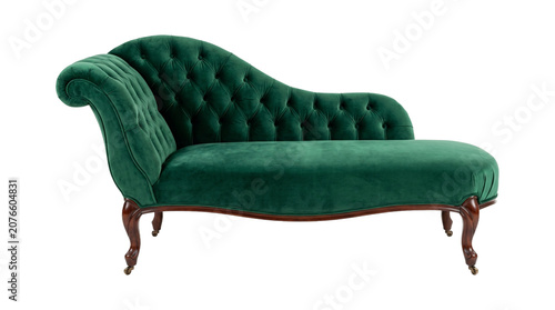 Fotografie Luxury green velvet chaise longue with classic tufted backrest and dark wooden legs for interior design isolated on transparent background png furniture