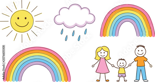 Kids doodle vector illustration set featuring a smiling sun, rainy cloud, two colorful rainbows, and a happy stick figure family holding hands isolated on white.