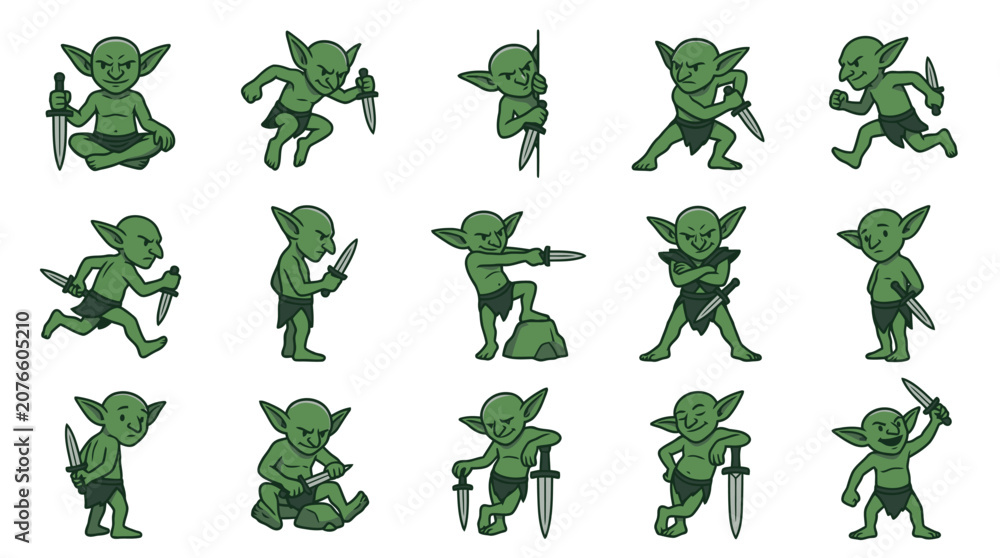 Obraz premium Action poses of small green goblin character sprites.